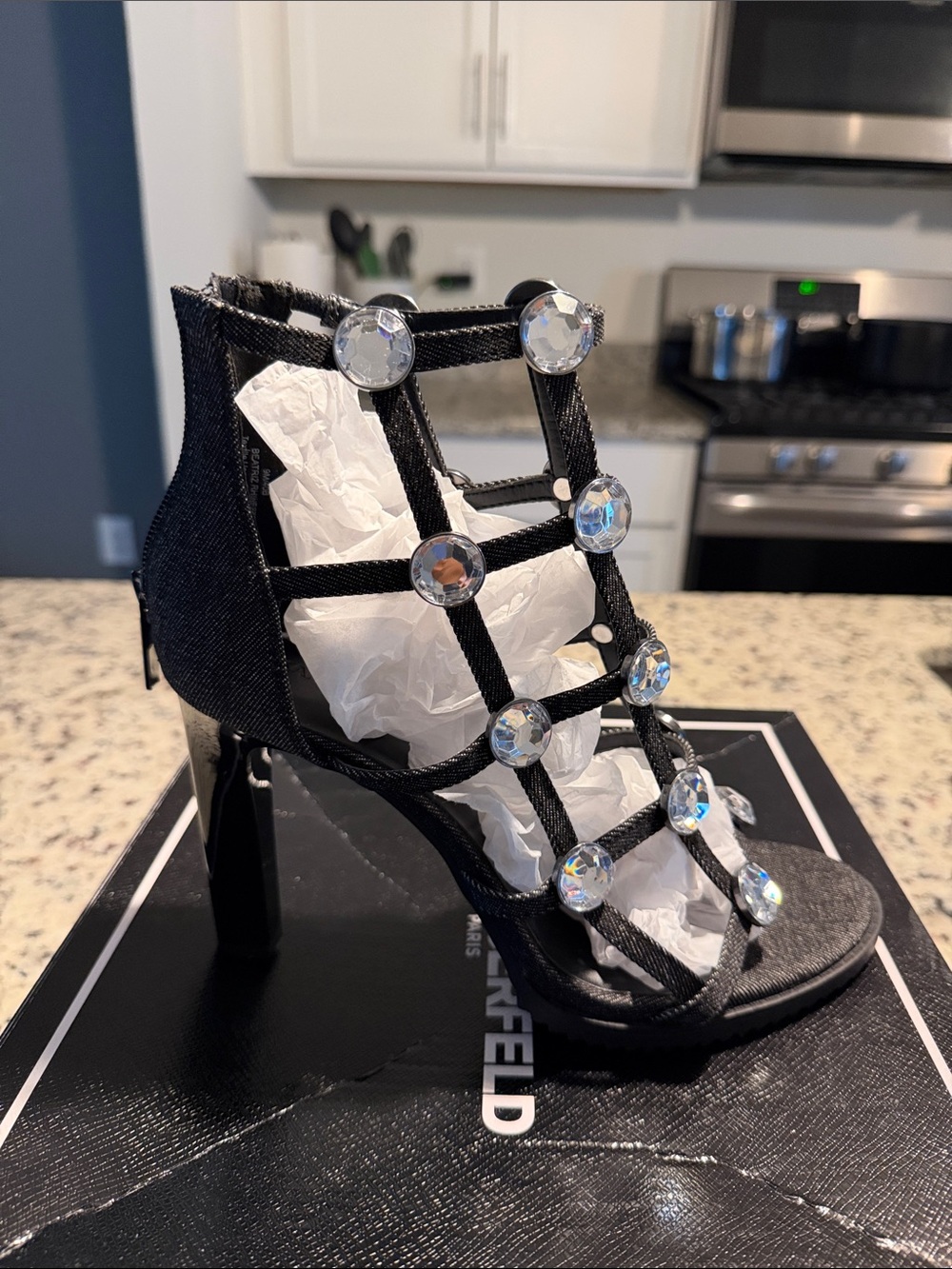 Karl Lagerfeld Black Strappy Heels with Crystal Accents